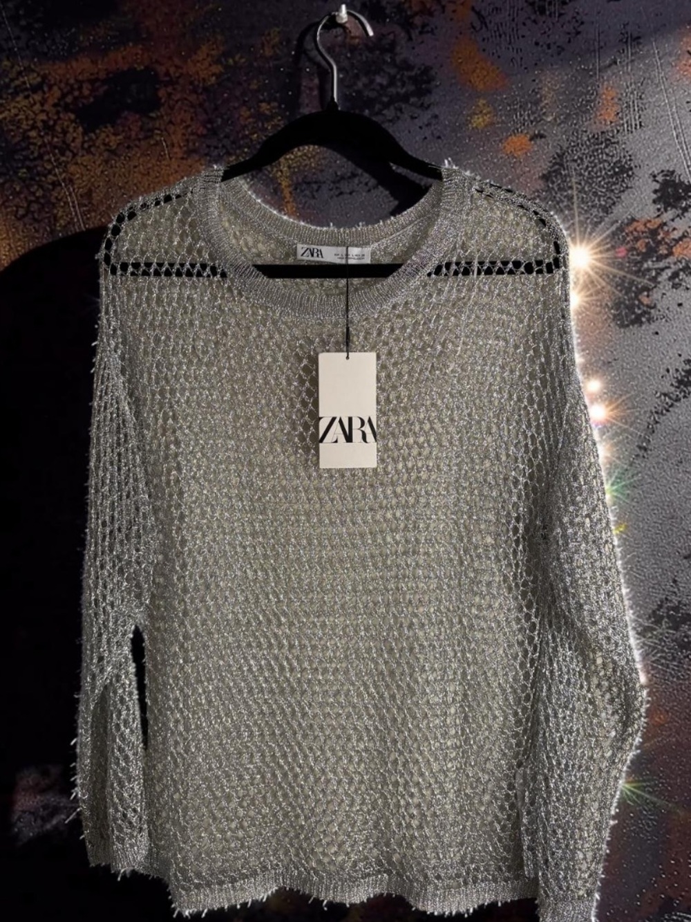 Zara Metallic Shiny Silver Open-Weave Crewneck Top or Swimsuit Coverup